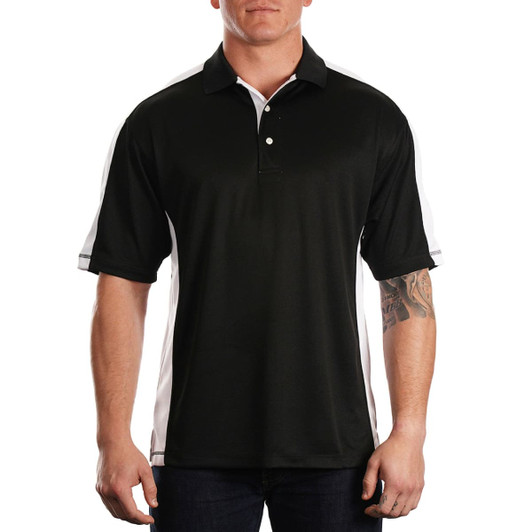 A black and white short-sleeved mesh shirt with a collar and a logo on the chest.