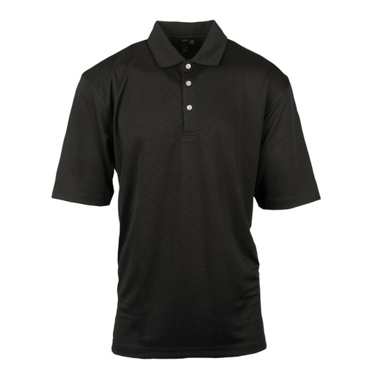 A black moisture-free pique polo shirt with a classic collar and three buttons, featuring a logo on the chest.