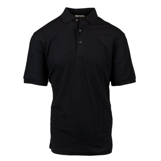 A black short sleeve polo shirt made from soft knit fabric, featuring a collar and three-button placket.