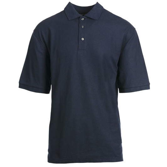 A short sleeve, silky soft knit polo shirt in navy blue with a collar and buttons. It features a logo.
