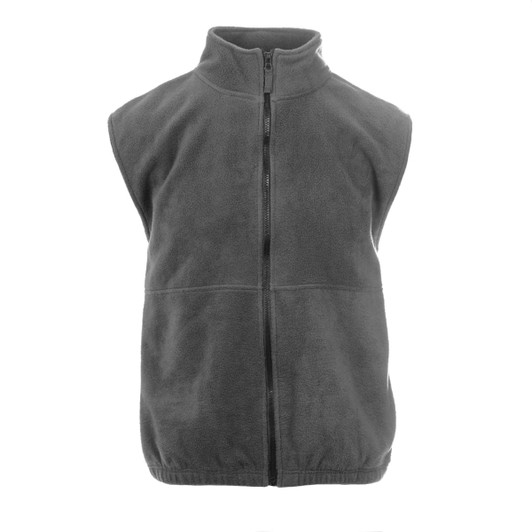 A black fleece vest with a high collar and zip front, featuring a logo. Suitable for layering in cooler weather.