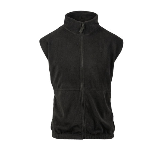 A black full zip Arctic polar fleece vest with a high collar and no sleeves. Features a branding logo.