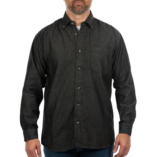 A black long sleeve cotton denim shirt with a button-up front and a chest pocket, featuring a logo.
