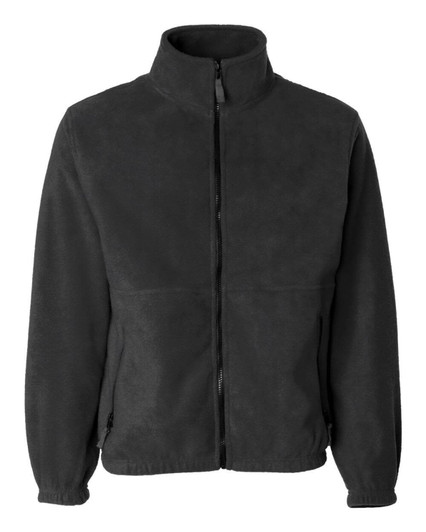 A full zip micro fleece jacket in black, featuring long sleeves and a high collar, with side pockets and branding.
