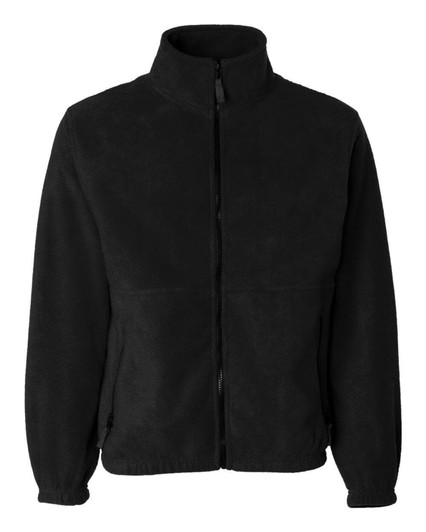 A black full zip micro fleece jacket with a high collar and elastic wrist cuffs, featuring a logo.
