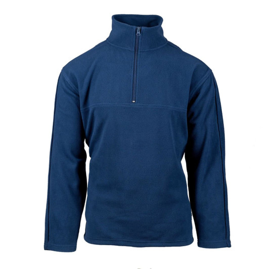 A navy blue 1/4 zip micro fleece pullover jacket, featuring long sleeves and a zippered collar, with a logo.