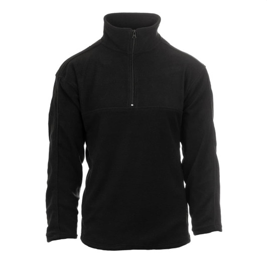 A black 1/4 zip micro fleece pullover with a stand-up collar and a logo on the front.