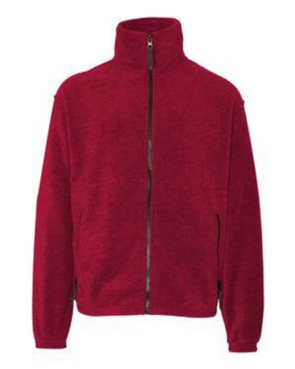 A full zip polar fleece jacket in a rich red colour with a high collar and zippered pockets.