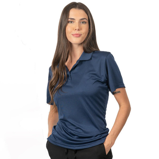 A navy blue polyester sport shirt featuring a collar and a logo, modelled by a woman.