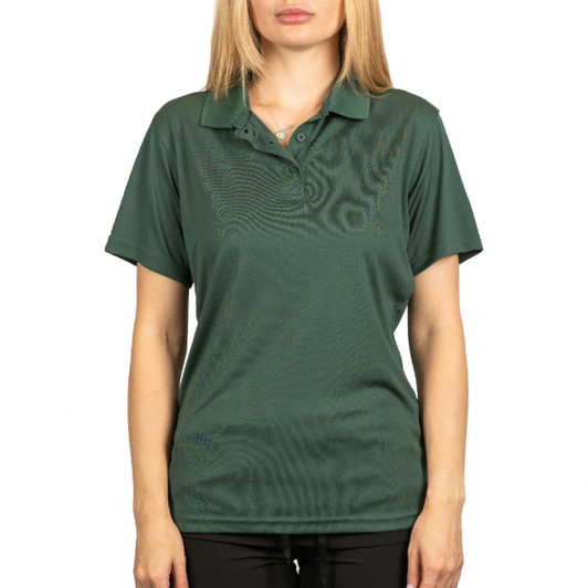 A green polyester sport shirt with a collar and short sleeves, featuring a logo on the chest.
