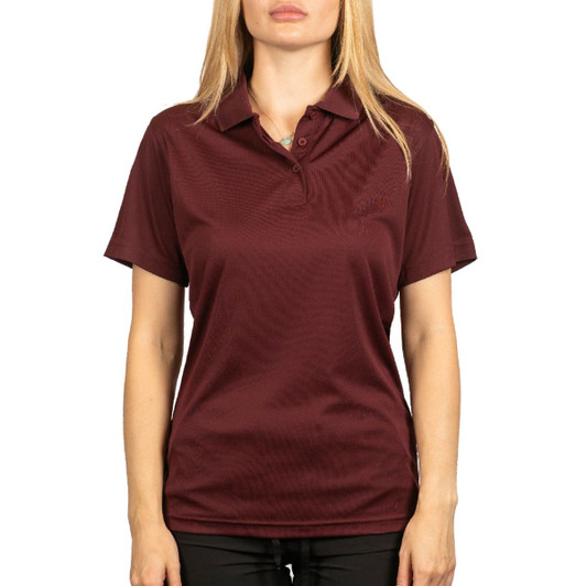 A maroon polyester sport shirt with a collar and a logo on the chest, modelled by a woman.
