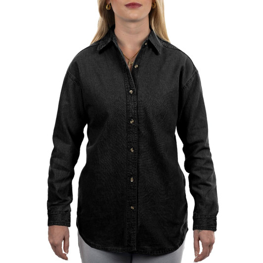 A long sleeve cotton denim shirt in black with a button-up front and a collar. Features a logo.