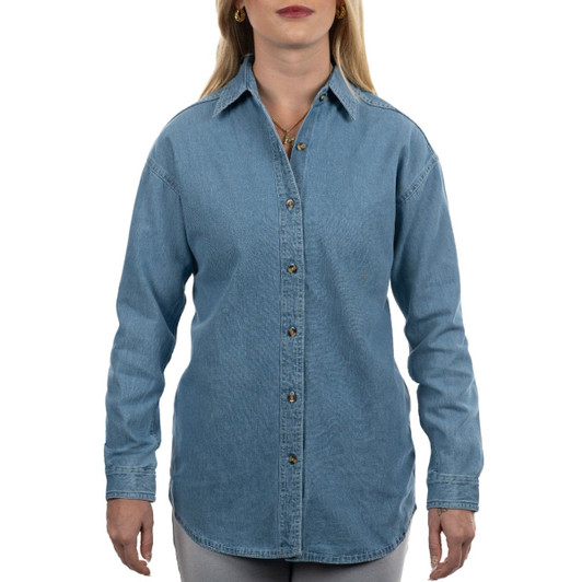 A light blue long sleeve cotton denim shirt with a button-up front, featuring a collar and a branding logo.
