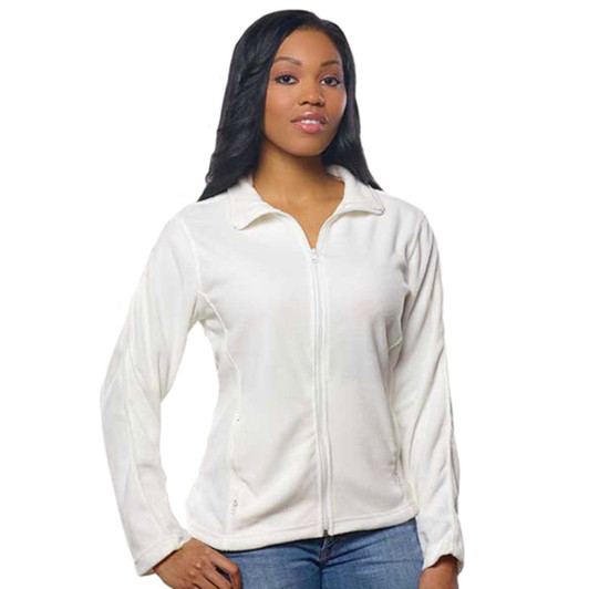 A full zip microfleece jacket in white, featuring long sleeves and a zippered front. The model is wearing it.