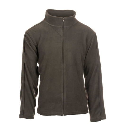 A full zip microfleece jacket in dark grey, featuring long sleeves and a high collar. It has a logo on it.