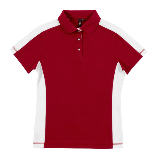 A red and white moisture-free mesh polo shirt with a collar and buttons, featuring a logo.