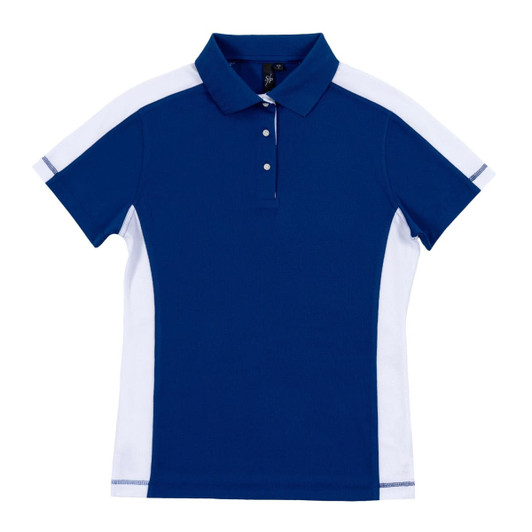 A blue and white polo shirt with a collar and three buttons, featuring a logo on the chest.