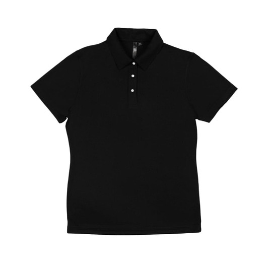 A black moisture-free pique polo shirt featuring a collar and three buttons, with a logo on the label.