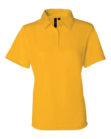 A yellow polo shirt featuring a classic collar and a branding logo. Ideal for casual wear or promotional use.