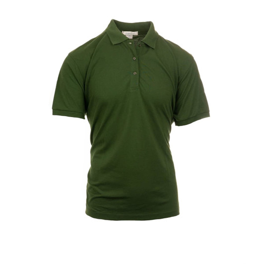 A short sleeve, silky soft knit polo shirt in dark green with a logo on the chest.
