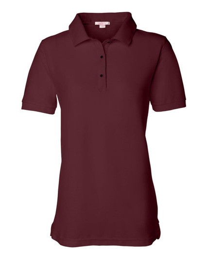 A short sleeve, silky soft knit polo shirt in a rich burgundy colour with a collar and button placket.