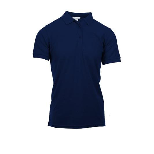 A navy blue short sleeve silky soft knit polo shirt with a collar and a logo.