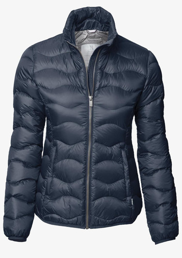 A puffer jacket for women in a dark navy colour, featuring a zip front and a high collar. It has a logo on the side.