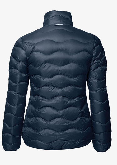 A puffer jacket in a dark navy colour, featuring a quilted texture and a high collar. It has a logo on the back.
