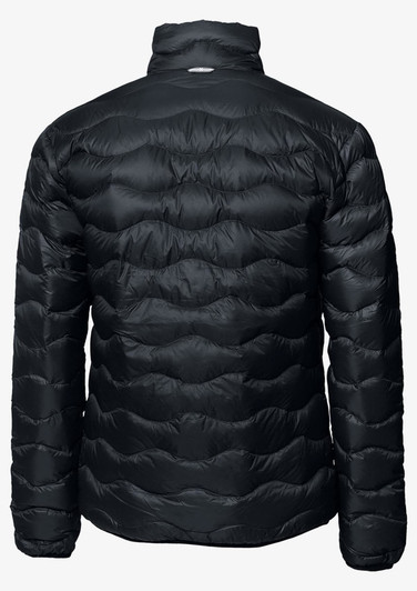 A puffer jacket in black, featuring a textured, quilted design and a high collar. It has a logo on the back.