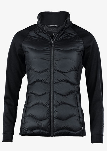 A black puffer jacket with a zip, featuring long sleeves and a logo on the side.