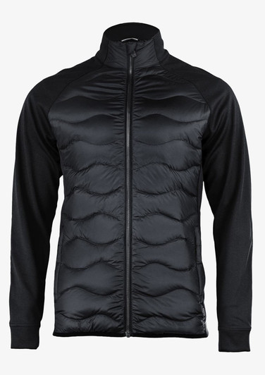 A black puffer jacket with a smooth front panel and long sleeves, featuring a zip closure and a logo on the chest.