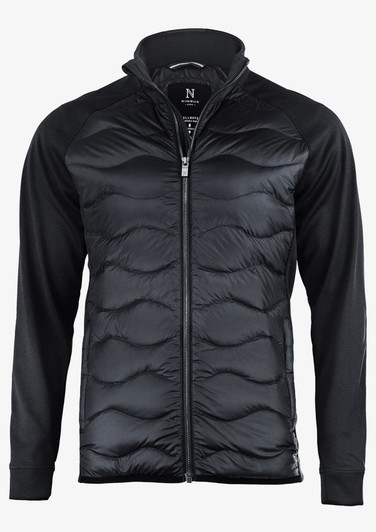 A black puffer jacket with a zip front and fitted design, featuring a logo on the collar.
