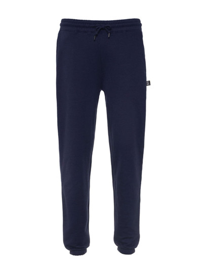 Navy blue sweatpants with a drawstring waist and a small logo on the side. Suitable for casual wear.