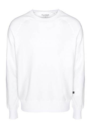 A white sweatshirt with a crew neck and ribbed cuffs, featuring a small logo on the side.