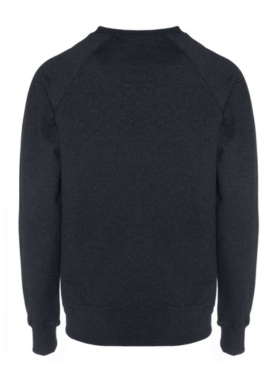 A dark grey sweatshirt with long sleeves and a crew neck, featuring a plain back design and fitted cuffs.