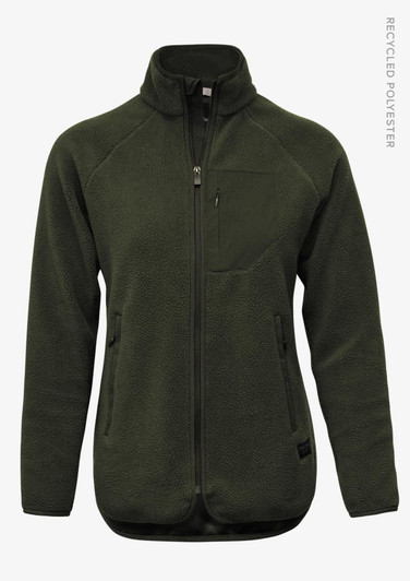A green women's jacket with a zip front, featuring a chest pocket and side pockets, made from recycled polyester.