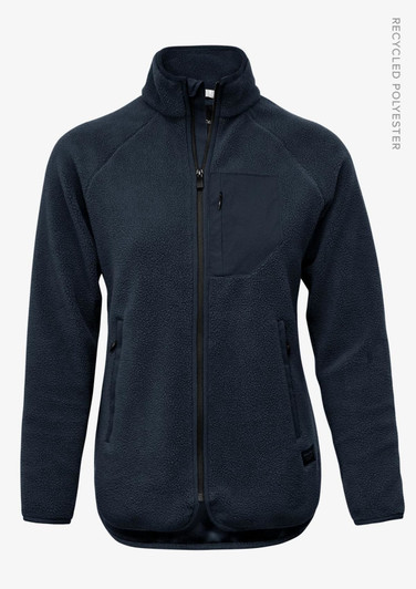A dark navy fleece women's jacket with a zip front and side pockets, featuring a small chest pocket.