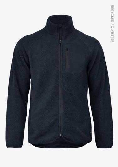 A navy polar fleece jacket with a zip-up front and a chest pocket. Features branding on the side.