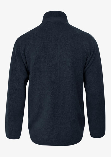 A navy polar fleece jacket with a high collar and long sleeves, featuring a brand logo.