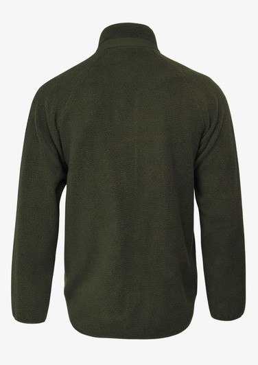 A green polar fleece jacket with a high collar, featuring a logo on the back.