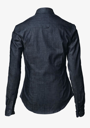 A dark denim button-up shirt featuring a fitted design and long sleeves, with a back yoke and cuffs.