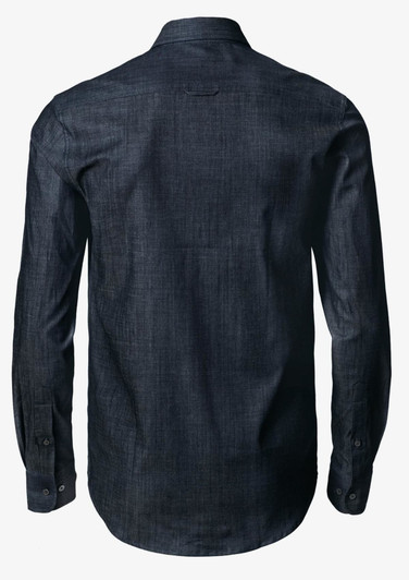 A dark blue, slim fit button-up shirt with long sleeves and a collar, featuring a logo on the back.
