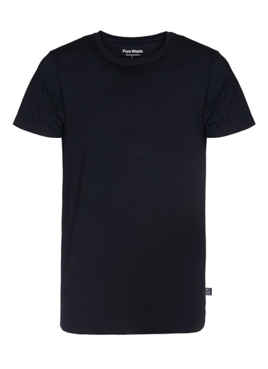 A black men's T-shirt with a round neckline and short sleeves, featuring a logo at the top.