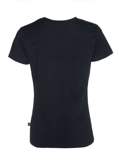 A black women's T-shirt featuring a fitted design and short sleeves on a plain background. It has a branding label.