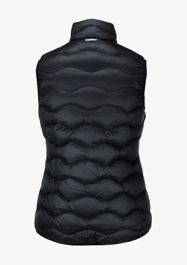 A black sleeveless vest with a quilted texture and a collar, featuring a logo on the back.