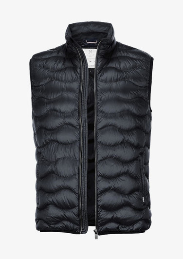 A black puffer vest with a zip front and a high collar, featuring a logo on the side.