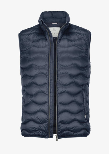 A dark navy puffer vest with a high collar and zip front, featuring a logo on the chest.