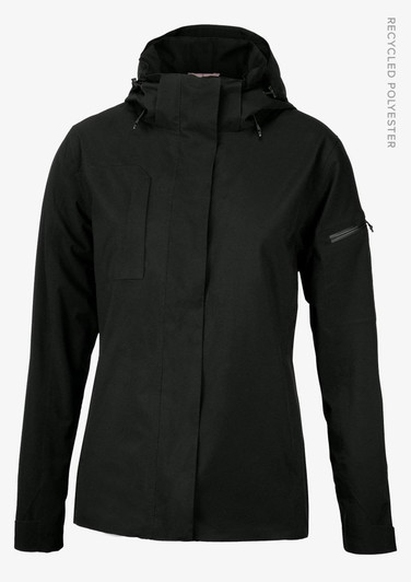 A black rain jacket featuring a high collar, hood, and zippered pocket, with a logo on the sleeve.