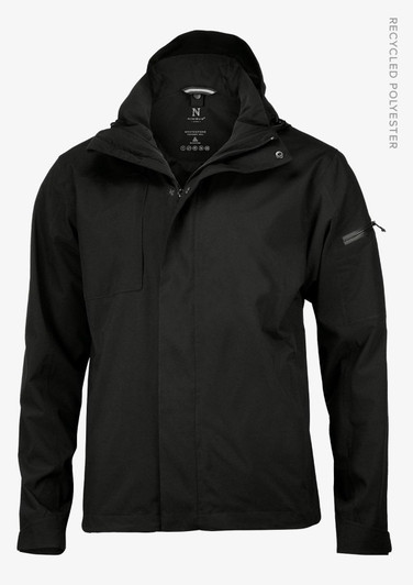 A black soft shell jacket with a hood, featuring a logo and front pocket. Made from recycled polyester.