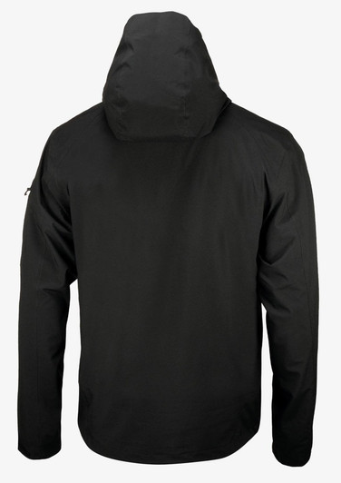 A black soft shell jacket with a hood, featuring a simple design and a logo on one sleeve.